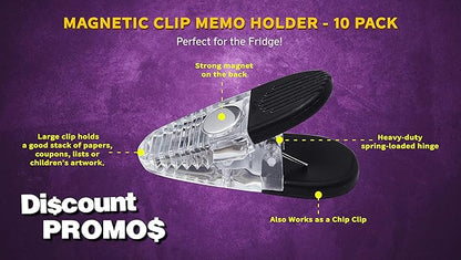 10 Magnetic Memo Holders Set - Customizable Text, Logo - Large Clip, Plastic - Clear
