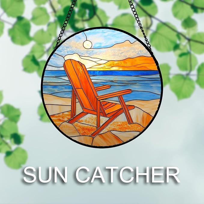 DASTOLL Stained Glass Window Hanging 4 Pcs Set Blue Orange Ocean Beach Theme 7.8" - Suncatcher Door Garden Sun Catcher Decor Birthday Christmas for Mom Woman Nana Men Wife