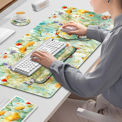 Gaming Mouse Pad, Large Desk Mat, Cute Desk Pad Protector, 4in1 XXL Mousepad + Keyboard Wrist Rest+Mouse Wrist Rest+Coaster Set with Ergonomic Desk Pad for Home Office PC Computer, Yellow Flowers