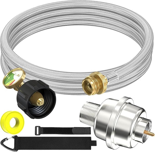 10FT Stainless Braided Propane Adapter Hose with Gauge, Adapter Hose with QCC1/Type1 Adapter Connect 20-45 lb Propane Tank (10FT Extension Hose/Propane Fuel Filter) for Mr Buddy Heater and Big Buddy