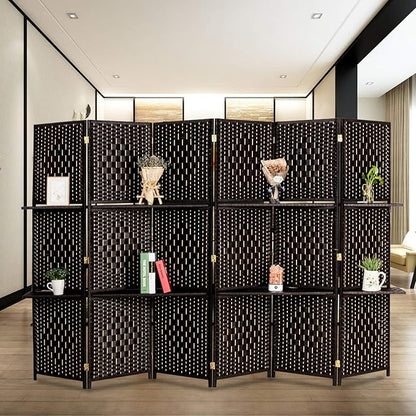 Bonnlo Upgraded Heavy Duty 6FT Tall Rattan Room Divider Screens with Partition Wall 2 Display Shelves, Indoor Folding Screen Dual-Sided Hinges for Home Office (6 Panels)