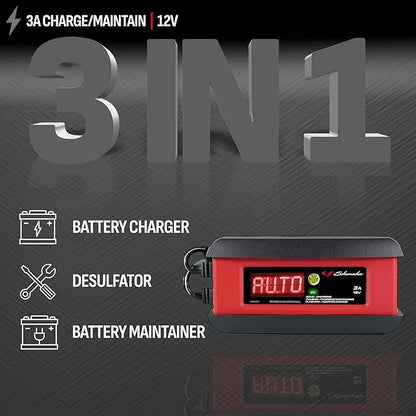 Schumacher Electric 3A Car Battery Charger and Maintainer, 3-in-1 Solution, for 12V Power Sport, Automotive, and Marine Batteries, SP1297