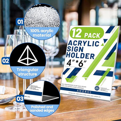Aheroi 12Pcs Acrylic Sign Holder, 4x6 Clear Sign holders Paper Stand, L-shape Table Sign Holders Plastic Sign Holder Standing, Paper Display Stand for Menu Document Holder Office Desktop