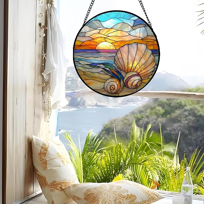 AMDERVEN Stained Glass Window Hanging - Colorful Beach Shells Conch Sun Catcher for Door Home Decor Ocean Suncatcher Christmas Mother's Day Birthday Sea Lover Gifts for Women Men Mom Nana 15 in