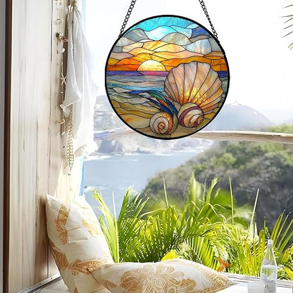 AMDERVEN Stained Glass Window Hanging - Colorful Beach Shells Conch Sun Catcher for Door Home Decor Ocean Suncatcher Christmas Mother's Day Birthday Sea Lover Gifts for Women Men Mom Nana 15 in