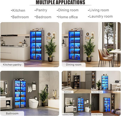 Dystler 65" Tall Display Cabinet with Doors, Lighted Bookcase with Lights/Human Sensor, 5 Tier Display Case with Adjustable Shelves for Collectibles Bedroom Living Room Office, Grey-Smoked Black Door