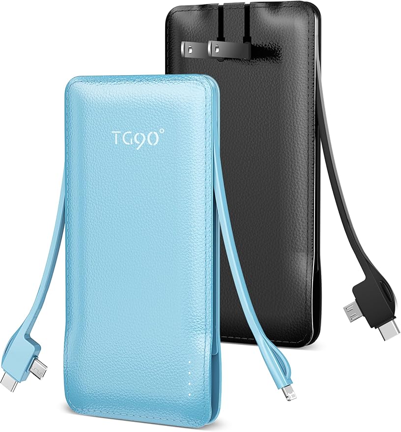 TG90° 2 Pack 10000mAh Power Bank Built-in Foldable AC Wall Plug and Cables,Ultra Slim Compact Cell Phone Fast Charger,External Battery Pack Compatible with iPhone and Android Devices,Black & Blue