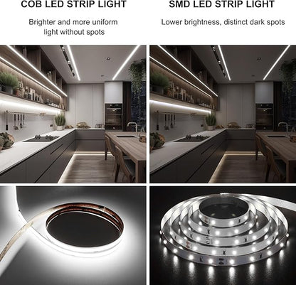 Pandery COB LED Strip 32.8ft,Dimmable Strip Lights, 6000K Daylight Super Bright LED Strip Lights, DC24V CRI90+,LED Tape Light with UL-Listed Power Supply, Indoor for Closet,Bedroom,Kitchen