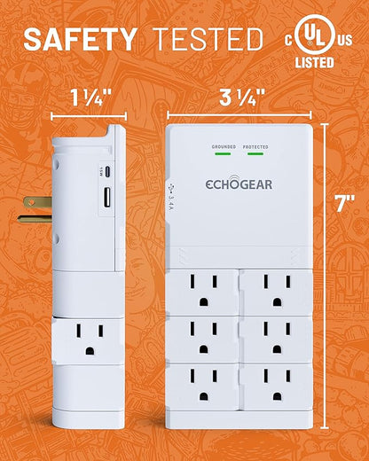ECHOGEAR Wall Outlet with USB Ports & Surge Protection - Power Protect 8 Devices 6 Rotating AC Plugs 2 Includes 1x USB-C Port USB-A White