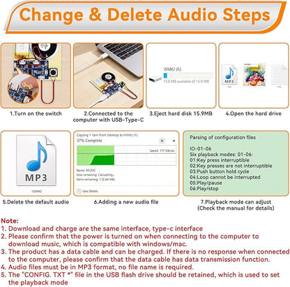 2PCS Sound Recorder Module DIY Music Voice Recording Module Chip with Speaker,Type-C Cable,Easy Recording Capability16 Minutes Music for Personalized Greetings, Holiday Crafts Cards with Manual