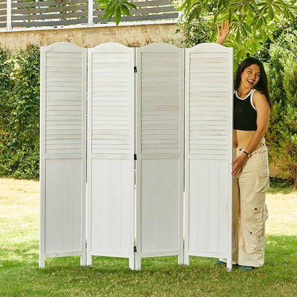 Room Dividers, 5.75Ft Individual Privacy Screens Foldable Wooden Louver & MDF Stable Wall Divider for Home Office Bedroom, 4 Panels (White-Washed)