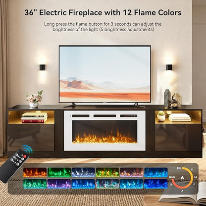 YISUFO 80” TV Stand with 36” Electric Fireplace, Large Modern Media Entertainment Center with Storage Cabinet and 12 Colors LED Lights for TVs Up to 90",Black & White