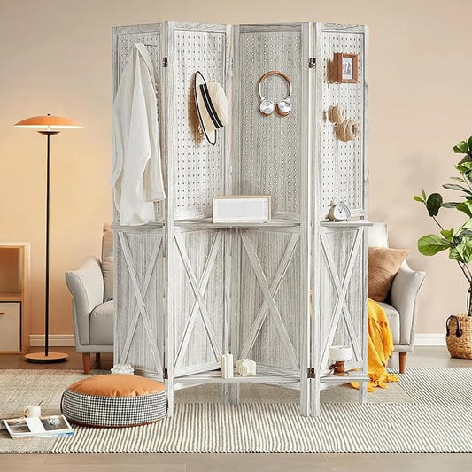 Aleesing 4 Panel Pegboard Display with 16 Hooks, Wooden Pegboard Room Divider Wall with Shelf, Partition Room Dividers and Folding Privacy Screens, Bedroom, Jewelry Store, White