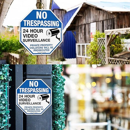 2-Pack No Trespassing Sign Private Property Protected By Video Surveillance Violators Will Be Prosecuted Sign, 12 x 12 Inch Reflective Aluminum, UV Protected, Weather/Fade Resistant, Easy to Install