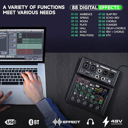 4 Channel Audio Mixer With Effects 88 Dsp Mixer Mixing Board Usb Interface Bluetooth Music Player + 48v Line Phantom Power Audio Mixer To Pc/Phone For Karaoke Record Livestream