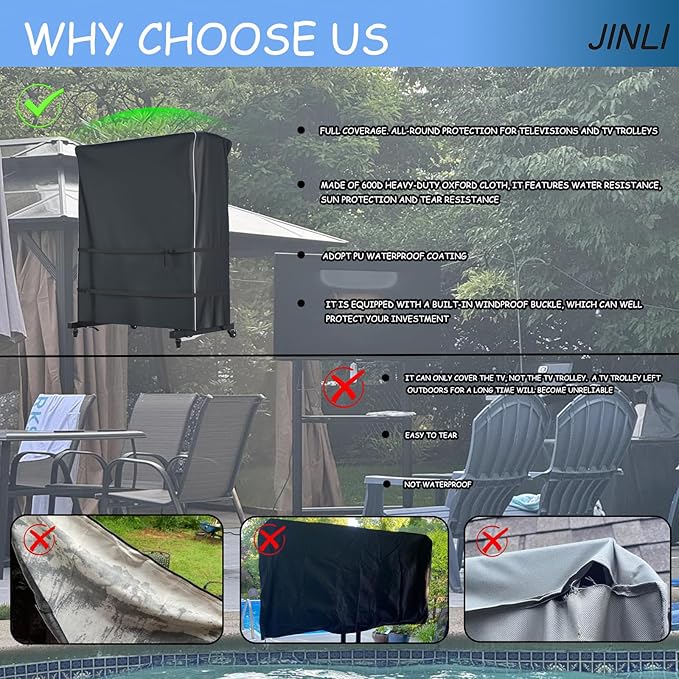 JINLI 65-70 inch outdoor TV trolley cover, courtyard TV cover, Oxford fabric waterproof and dustproof, triple windproof design, compatible with rolling/mobile stand