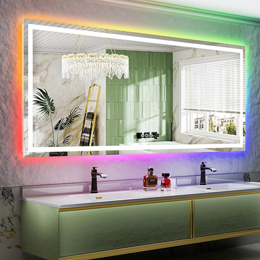 YEELAIT 88x38 Inch RGB LED Bathroom Mirror Front Lit and RGB Backlit Lighted Vanity Mirror for Bathroom Wall Dimmable Anti Fog Memory Shatter-Proof IP54 Waterproof Horizontal/Vertical