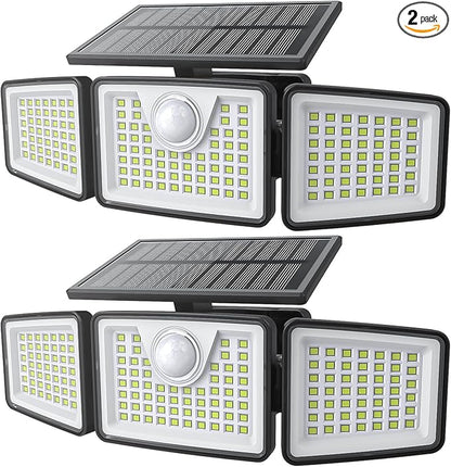 daphino 2500LM Solar Lights Outdoor with Motion Sensor,3 Head 270° Wide Angle Street Area Lights, IP65 Waterproof Security Lighting with 3 Modes(Non-Remote,2 Pcs)