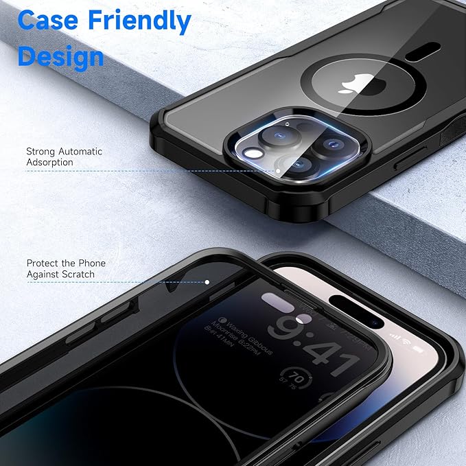 seacosmo for iPhone 14 Pro Case, Full Body Bumper with Built-in 9H Tempered Glass Privacy Screen Protector and Camera Lens Protector, Compatible with MagSafe, Shockproof Phone Cover, 6.1", Black