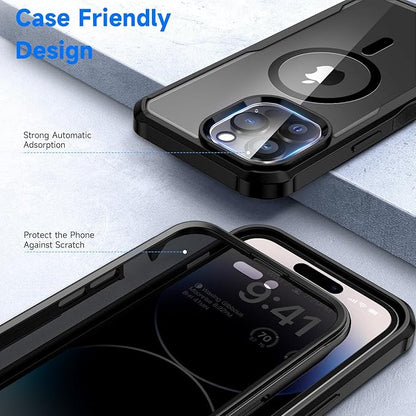 seacosmo for iPhone 14 Pro Case, Full Body Bumper with Built-in 9H Tempered Glass Privacy Screen Protector and Camera Lens Protector, Compatible with MagSafe, Shockproof Phone Cover, 6.1", Black