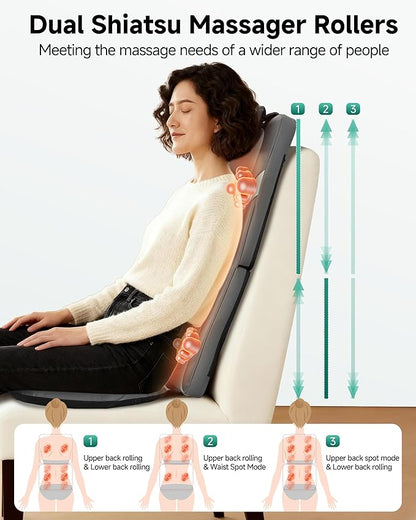 Snailax Gifts for Men Women Chair Back Massager for Full Back Pain Relief Deep Tissue, Vibration Heated Seat Cushion Long Track Dual 3D Shiatsu Rollers, 3 Height Settings Foldable Massage Chair Pad
