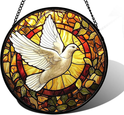 DASTOLL Stained Glass Window Hanging, Flying White Dove Sun Catchers Diamond Glass Panel Hangings Cute Birds Suncatcher Decor for Birthday for Women, Men, Wife, Aunt,and Mom 7.8X7.8IN