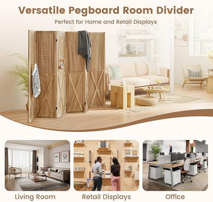 ALeesing 6 Panel Pegboard Room Divider, 5.6Ft Pegboard Display Folding Privacy Screens, Wood Room Divider Peg Board Display Freestanding for Trade Show Craft Show Home Wall Organizer, Light Brown