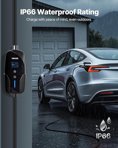 VEVOR Level 2 Tesla Charger, 32 Amp Adjustable Current, 240V Portable Home Electric Car EV Charger with 25 ft Charging Cable, NEMA 14-50P Plug, LCD Display, NACS Connector, for Tesla Model Y/X/3/S