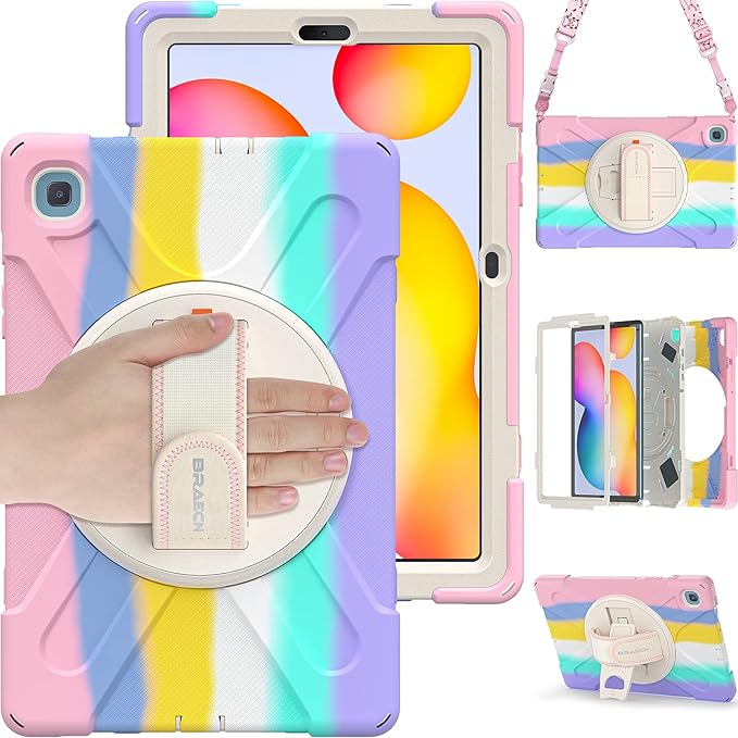 BRAECN for Galaxy Tab S6 Lite Case for Kids,Heavy Duty Rugged Shockproof Case with Hand Strap, Shoulder Strap, Stand, S Pen Holder for Samsung Galaxy Tab S6 Lite 10.4” Tablet SM-P610/P613 -Rainbow