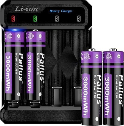 Pallus 1.5v Rechargeable Lithium AA Batteries with Charger - 4 Pack Long Lasting Double A Battery, High Capacity AA Rechargeable Batteries for Blink Cameras, Cycles 1600, Ideal for High-Drain Devices