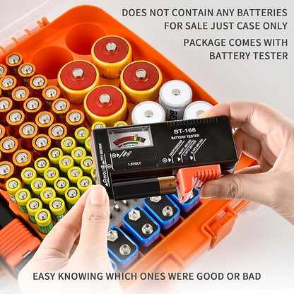 Aptbyte Battery Organizer Storage Holder Box Case with Tester- 269 Batteries Double-Sided Variety Pack, Holds AA AAA 4A C D Cell 9V 3V Lithium LR44 CR2 CR123 CR1632 18650 Button- Orange (Box Only)
