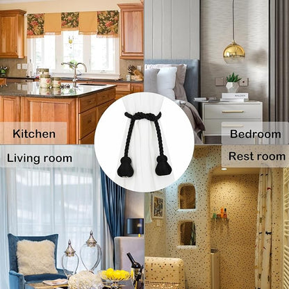 Nieffeiy Magnetic Curtain Tiebacks Outdoor Curtain Tie Backs Rope Decorative Magnetic Curtain Holders for Drapes Window Treatment Holdbacks, Glossy Black 4Pack