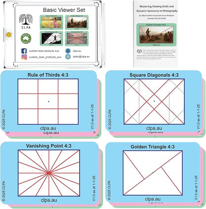 CLPA Basic Photographic Viewfinder Set: Rule of Thirds, Square Diagonals, Vanishing Point & Golden Triangle for Art, Photography, & Video