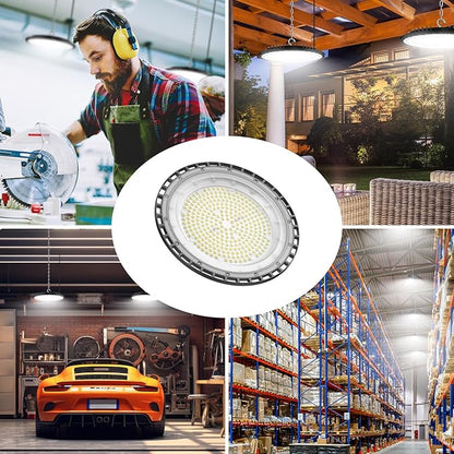 SOUTHLEVY 2 Pack UFO 200W LED High Bay Light, 5000K,28,000LM, 5 ft Cable with US Plug UL Certified Plug, IP65 Commercial Warehouse Area Light for Wet Location Area, Workshop, Garage