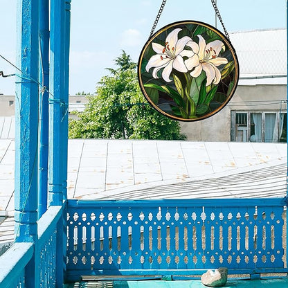 CRISGIF Stained Glass Window Hanging, White Lily Suncatcher for Door Garden Patio Birth Flower Green Plant Sun Catchers Decor Christmas Mother's Day Birthday Gifts for Women Mom Nana Friend 6.3 in