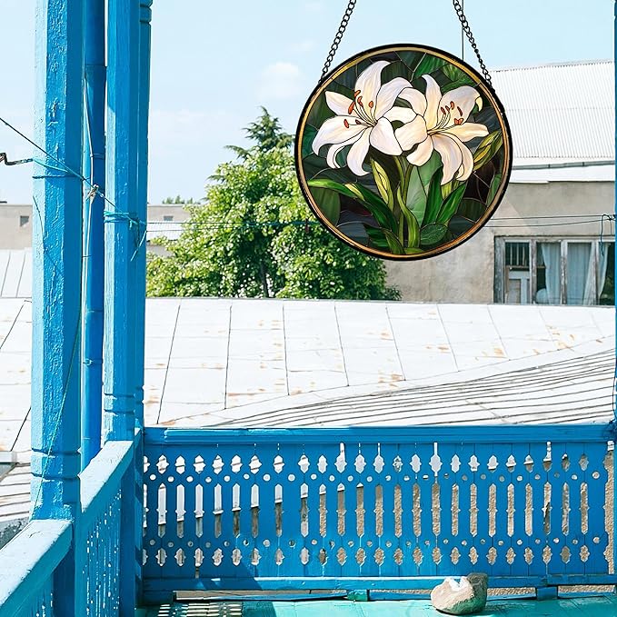 CRISGIF Stained Glass Window Hanging, White Lily Suncatcher for Door Garden Patio Birth Flower Green Plant Sun Catchers Decor Christmas Mother's Day Birthday Gifts for Women Mom Nana Friend 9.8 in