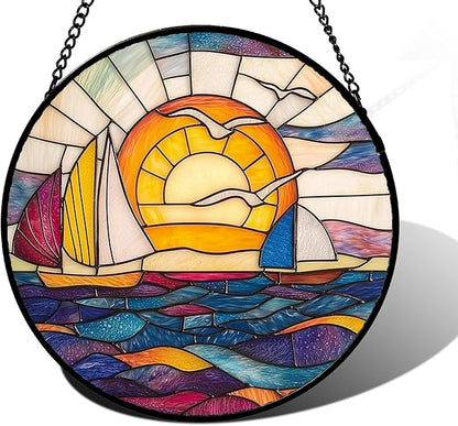 DASTOLL Stained Glass Window Hanging, Sailboat and Waves Suncatcher Diamond Glass Panel Hangings Sun Catchers Decor for Birthday for Women, Men, Wife, Aunt, and Mom 6.3 in