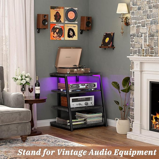 Armocity 4-Tier AV Media Stand with Power Strips, Stereo Stand with LED Lights, Rack Audio Tower with Adjustable Shelves, Small Entertainment Center, 30'', Grey Oak