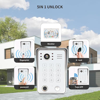 Wired Video Door Phone Kit Apartment Intercom System,10 Inch Touch Screen Monitor(Silver)with 1080P HD Doorbell Camera,Supporting Motion Detecting 5 in 1 Unlcking (2 Doorbell + 3 Monitor)