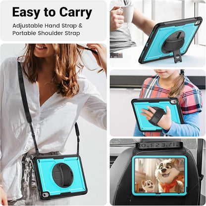 SCSVPN Case for iPad (A16) 11th Generation 11 Inch 2025 / 10th Generation 10.9 Inch 2022, Shockproof Protective Case with Screen Protector, Pen Holder, Rotating Stand, Hand/Shoulder Strap - Sky Blue