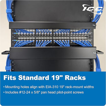 ICC 2U Ring Cable Manager Panel with Cover, Metal, 3" D-Rings, Horizontal and Vertical Cable Management, Rackmount for 19” Network Racks, Black, Single Pack