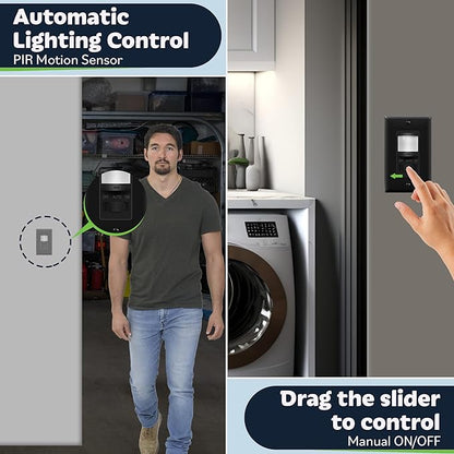 TOPGREENER in Wall PIR Motion Sensor Light Switch, Occupancy Sensor Switch, 𝐍𝐞𝐮𝐭𝐫𝐚𝐥 𝐖𝐢𝐫𝐞 𝐑𝐞𝐪𝐮𝐢𝐫𝐞𝐝, On/Off Override, 𝐒𝐢𝐧𝐠𝐥𝐞 𝐏𝐨𝐥𝐞, 4A, 500W, TSOS5-BKWP,Black,2 Pack