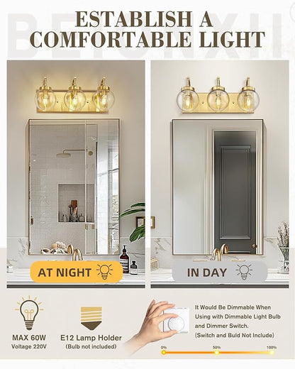 Beionxii Bathroom Vanity Light, 3-Light Brushed Gold Bathroom Light Fixtures, Modern Vanity Lights with Clear Glass Shade, Wall Sconces Lighting Over Mirror Living Room Hallway, BX-VL03BG-3CG