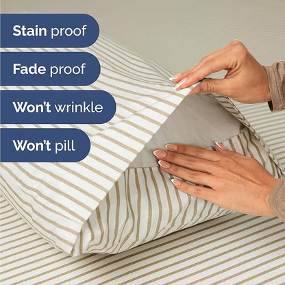 Twin Size 3 Piece Sheet Set - Comfy Breathable & Cooling Bed Sheets Set - Hotel Luxury Bedding for Women, Men, Kids, Teens, Boys & Girls - Deep Pockets, Soft, Wrinkle Free - Oeko-Tex - Beige Stripes 2