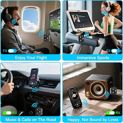 2026 Pro Bluetooth 5.4 Transmitter Receiver, 2-in-1 Wireless Audio Adapter for Airplane/TV/PC/Gym - Dual Link Headphone, Low Latency, Battery Display, Built-in Mic, 30H Playtime, Aviation Metal Frame