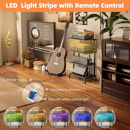 Aquzee Game Console Shelf, 4-Tier Video Gaming Consoles Stand with Outlet & RGB Light, Small Media Entertainment Center for Audio Stereo Storage Organizer Playroom Furniture, Stereo Stands and Racks