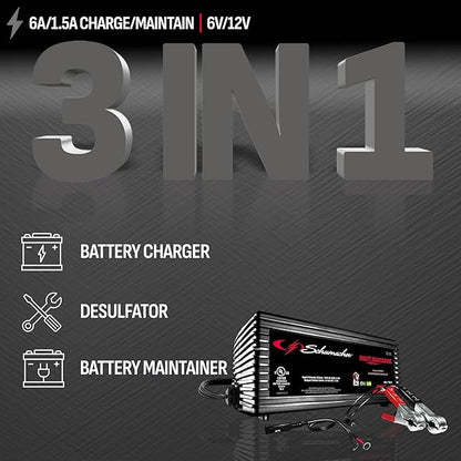 Schumacher Electric 1.5A Car Battery Charger and Maintainer, 3-in-1 Solution, for 6V/12V Power Sport, Automotive, and Marine Batteries, SC1355