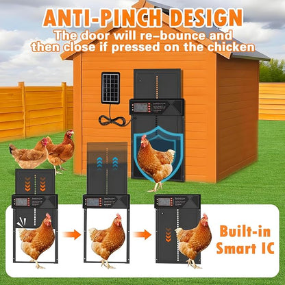 Automatic Chicken Coop Door Solar Powered, Aluminum Alloy Automatic Chicken Door with Large Size, 4 Modes, Timer & Light Sensor, Anti-Pinch Safety Design, LCD Display, Remote Control, Weatherproof