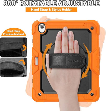 SEYMAC for iPad Air 13 Inch Case M3 2025/ M2 2024, Heavy Duty Shockproof Protective Case with Screen Protector, 360° Rotating Stand, Hand/Shoulder Strap and Pen Holder for iPad Air 13, Orange