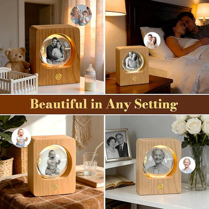 Gloryage Personalized 3D Crystal Photo Lamp – Custom Engraved Memory Ball with Warm LED Light and Wood Base, Ideal Gift for Anniversary, Wedding, Birthday, Valentine's Day, Pet Memorial